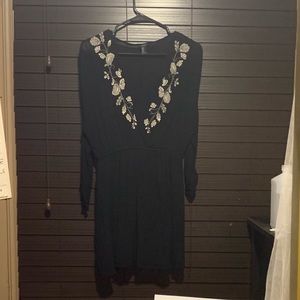 Black Floral Embroidered Trim Dress